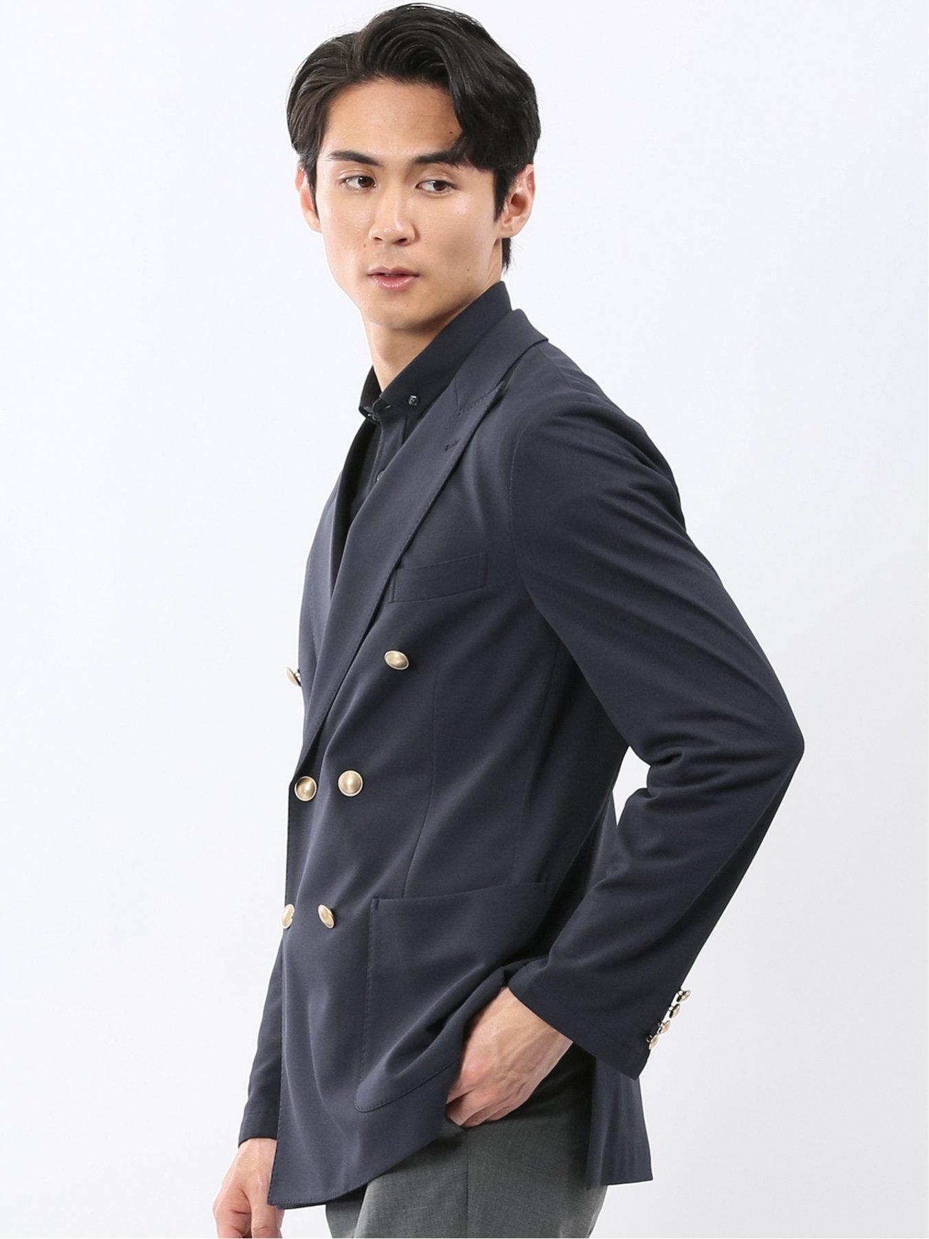 【SALE／10%OFF】m.f.editorial シワレス ストレッチ 吸水速乾 スリムフィット ダブル ブレザー タカキュー ジャケット・アウター テーラードジャケット・ブレザー ネイビー【送料無料】