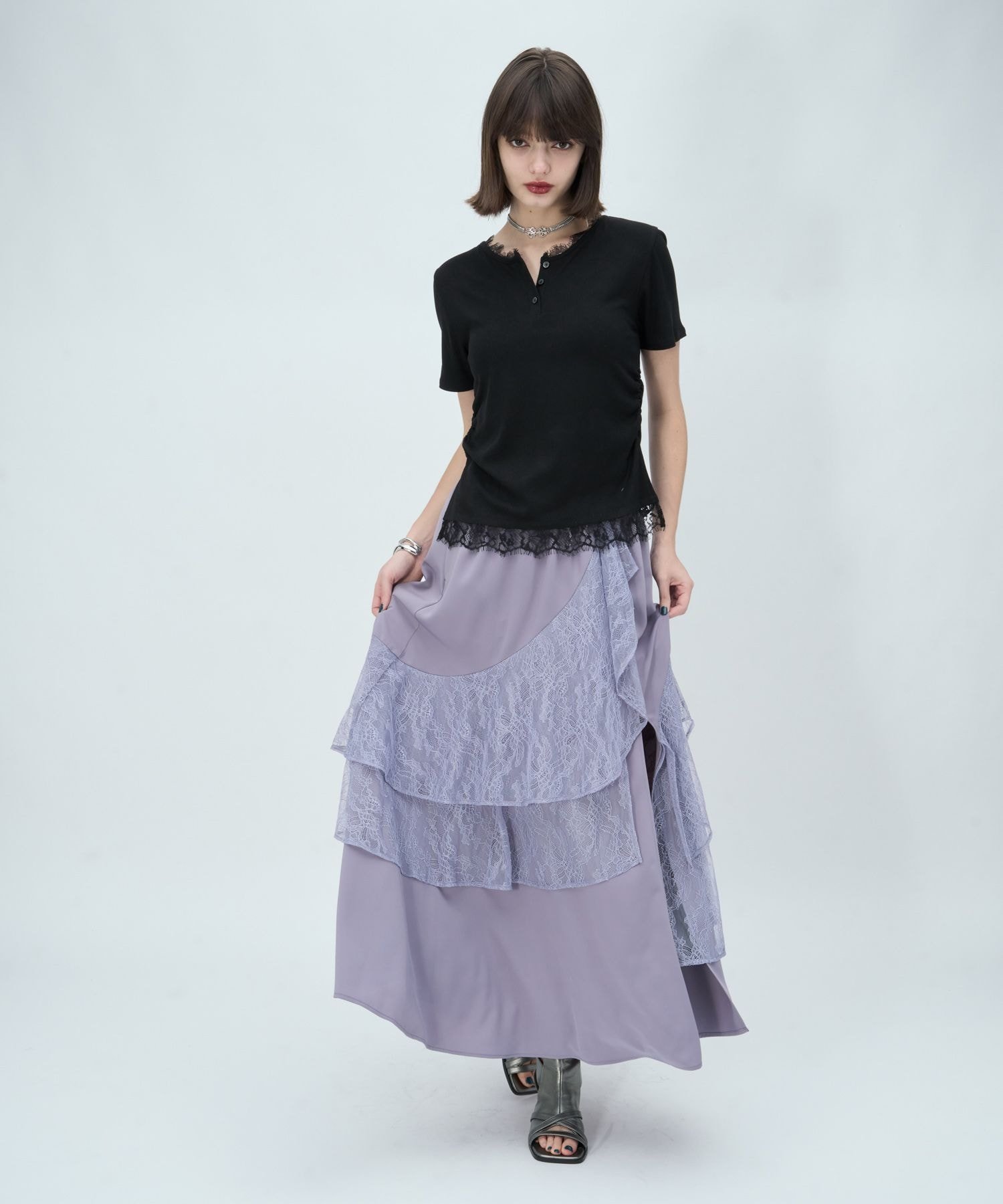 HARE レースドッキングヘンリーVネックカットソー ハレ トップス カットソー・Tシャツ グレー ブラック