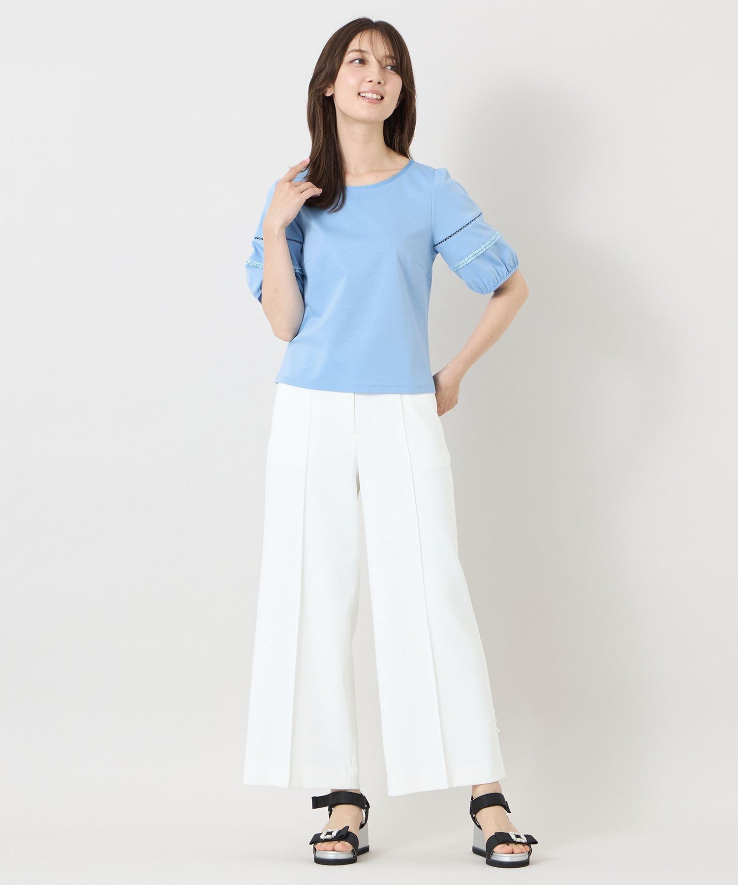 TO BE CHIC ハイゲージポンチ レーススリーブトップス トゥー ビー シック トップス カットソー・Tシャツ ブルー イエロー