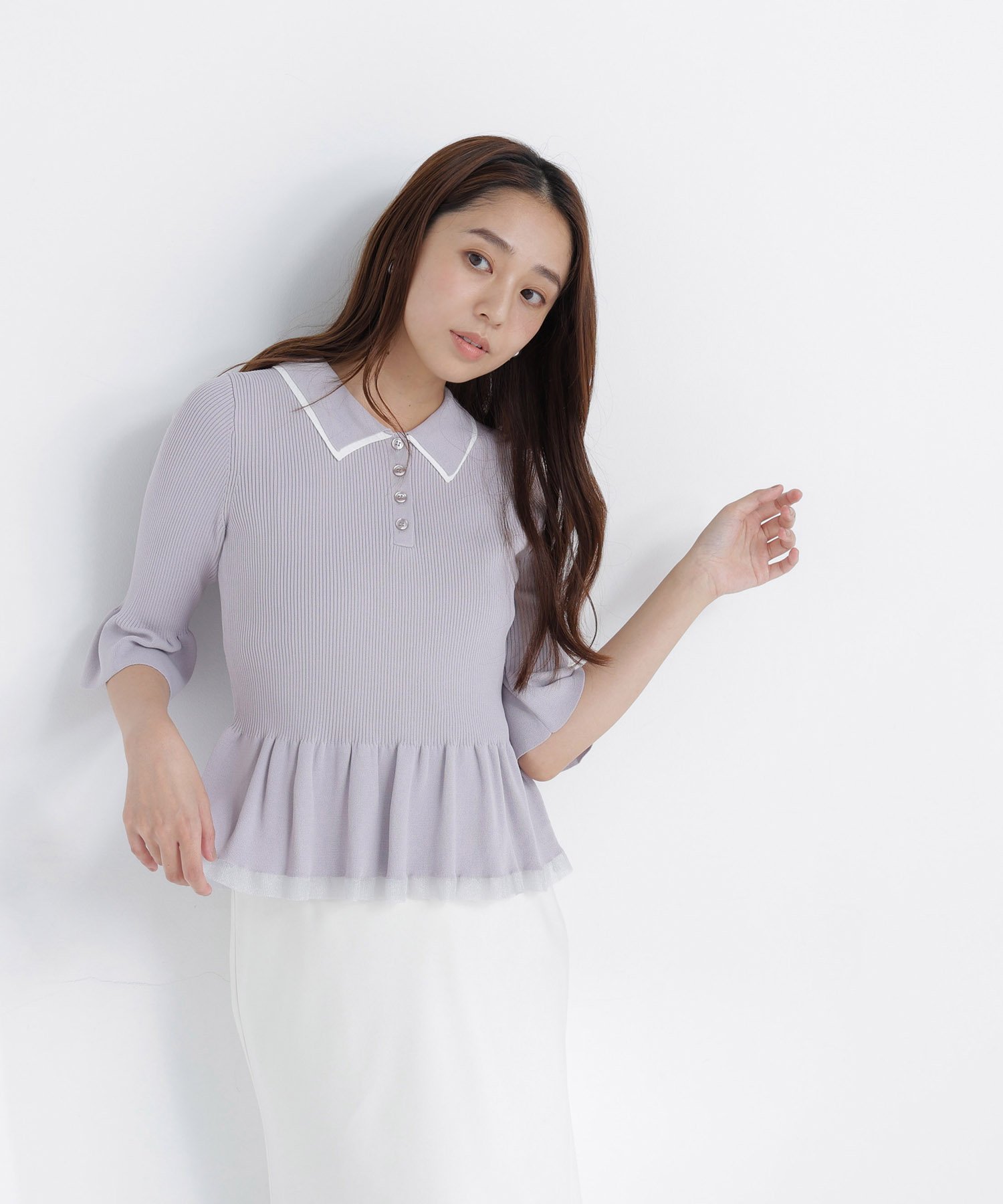 NATURAL BEAUTY BASIC シアーラインペプラムニット ナチュラルビューティベーシック トップス ニット ブルー ホワイト