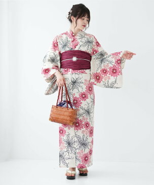 utatane utatane/(W)注染浴衣3点セット 綿麻 赤い菊 ウタタネ ビジネス/フォーマル 着物/浴衣 ベージュ【送料無料】