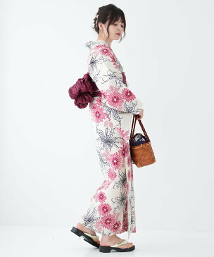 utatane utatane/(W)注染浴衣3点セット 綿麻 赤い菊 ウタタネ ビジネス/フォーマル 着物/浴衣 ベージュ【送料無料】