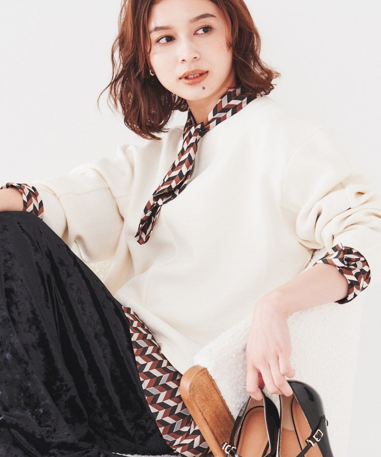 【SALE/50%OFF】UNTITLED 【洗える】ウェーブ調ジャージトップス アンタイトル トップス カットソー・Tシャツ ベージュ ホワイト ブラック【送...