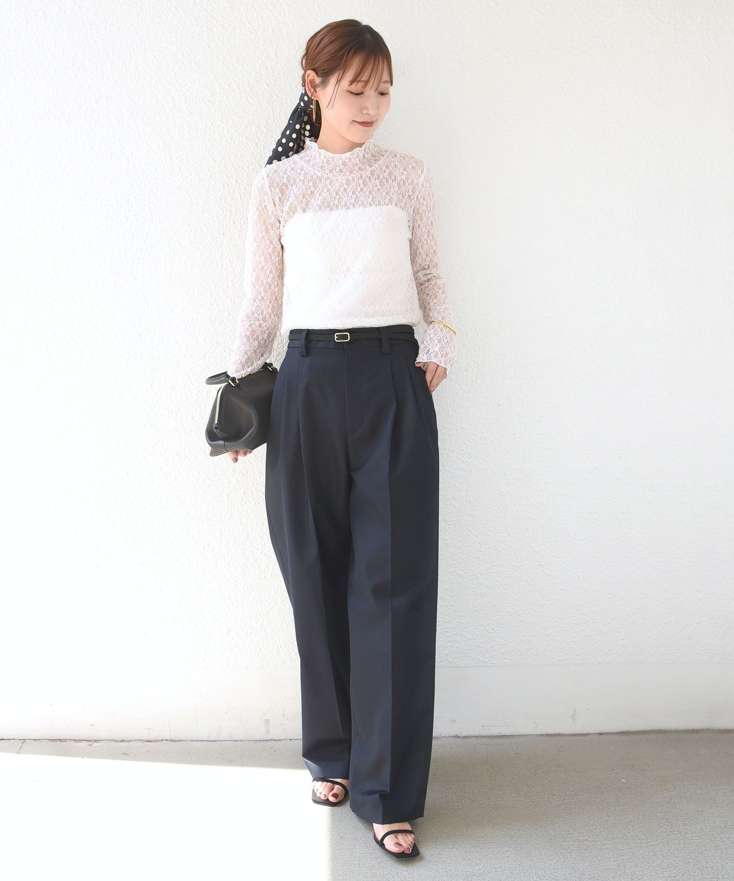 WOMEN 《予約》＜手洗い可能＞フラワー ストレッチ レース ハイネック トップス シップス トップス カットソー・Tシャツ ホワイト ブラック
