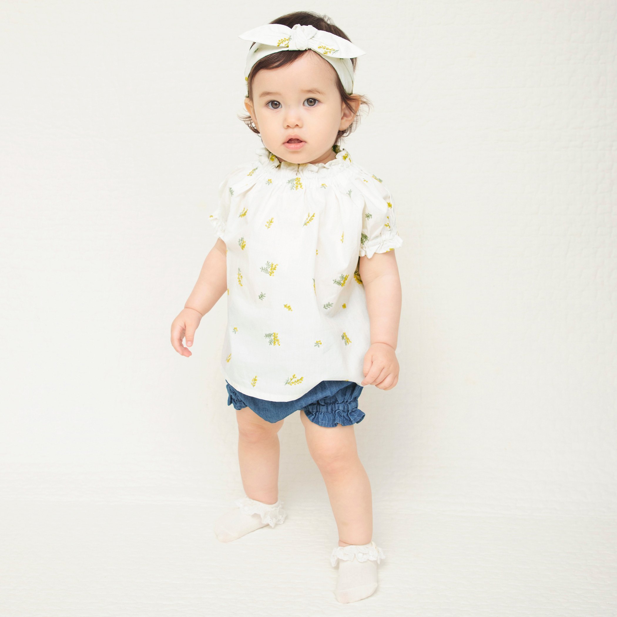 branshes 【ペア/お揃い】ミモザ刺繍半袖トップス+ブルマセット ブランシェス マタニティウェア・ベビー用品 ロンパース・カバーオール ホワイト ネイビー【送料無料】のサムネイル