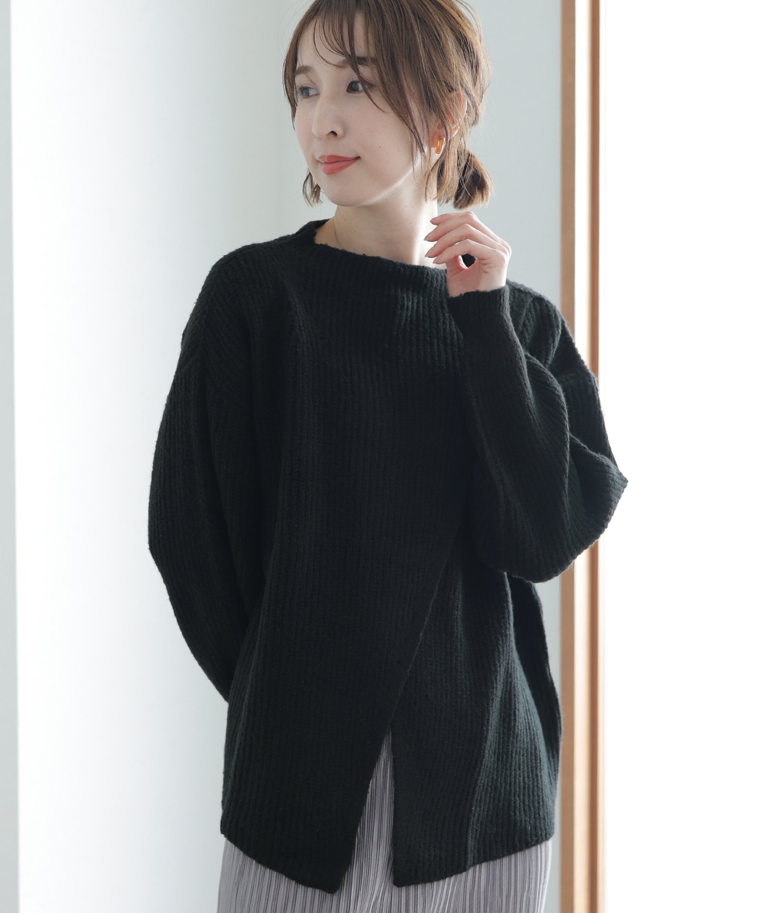 PourVous 2wayクロスアシメセーター カットソーきれいめトップス 長袖ニット レディース プールヴー トップス ニット グレー ベージュ ブラウン ブラック