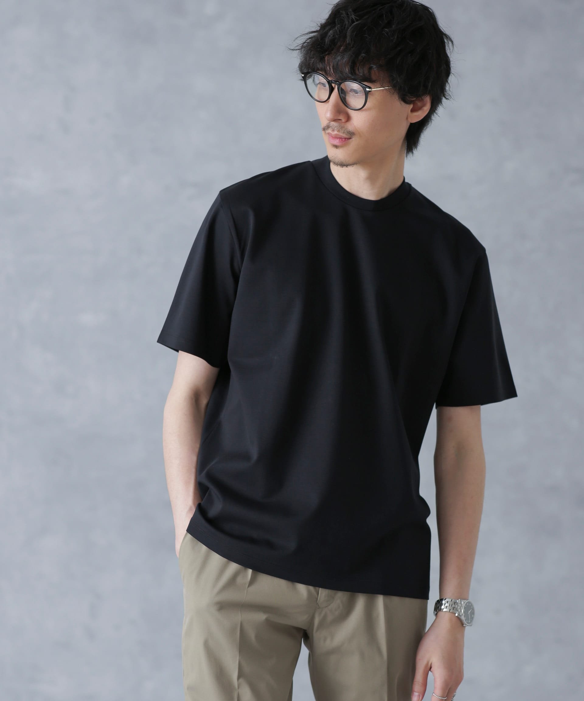NANO universe ジャケT(R)プレミアム クルーネック 半袖 ナノユニバース トップス カットソー・Tシャツ ブラック ホワイト
