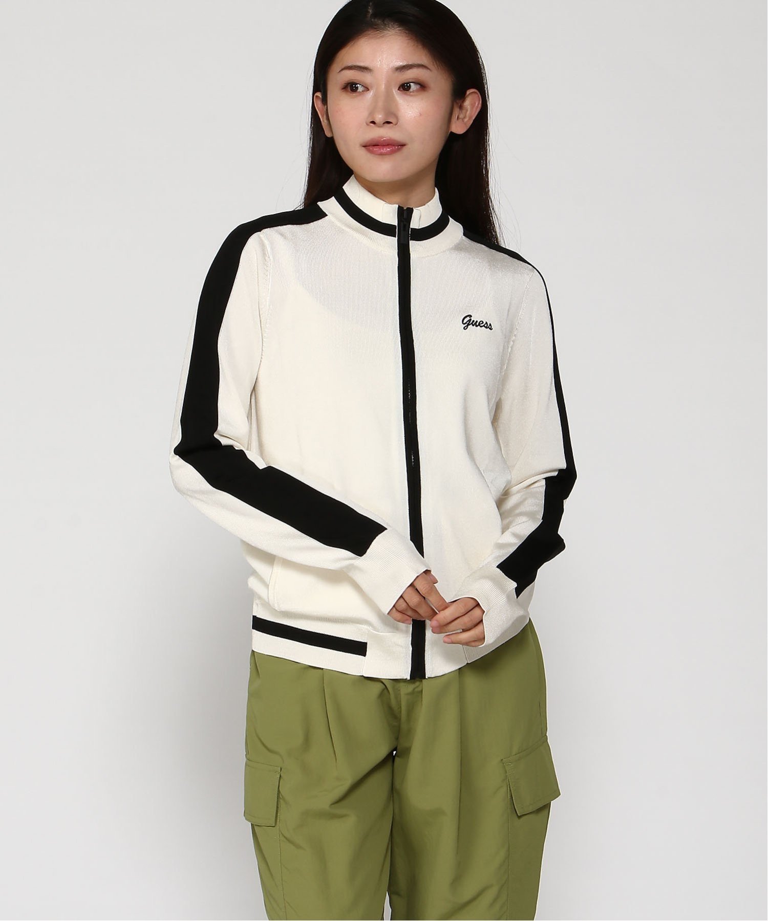GUESS スウェット(W)FULL Zip Sweater ゲス トップス ニット ホワイト ネイビー