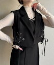 【SALE/16%OFF】JUNOAH レースアップショートジレ+胸元クロスマーメイドキャミワンピースset ジュノア ワンピース・ドレス ワンピース ブラック グレー【送料無料】
