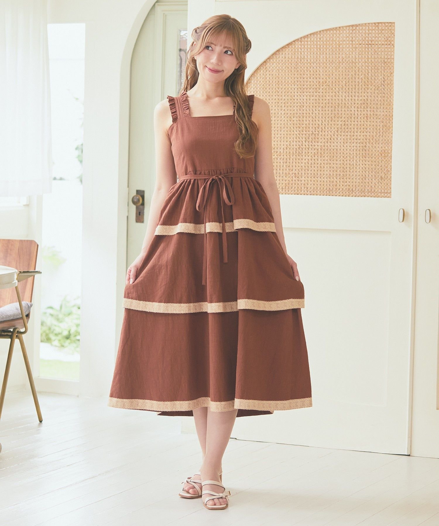 【SALE／30%OFF】Areeam 配色レースキャミワンピース アリーム ワンピース・ドレス ワンピース ブラウン ピンク【送料無料】