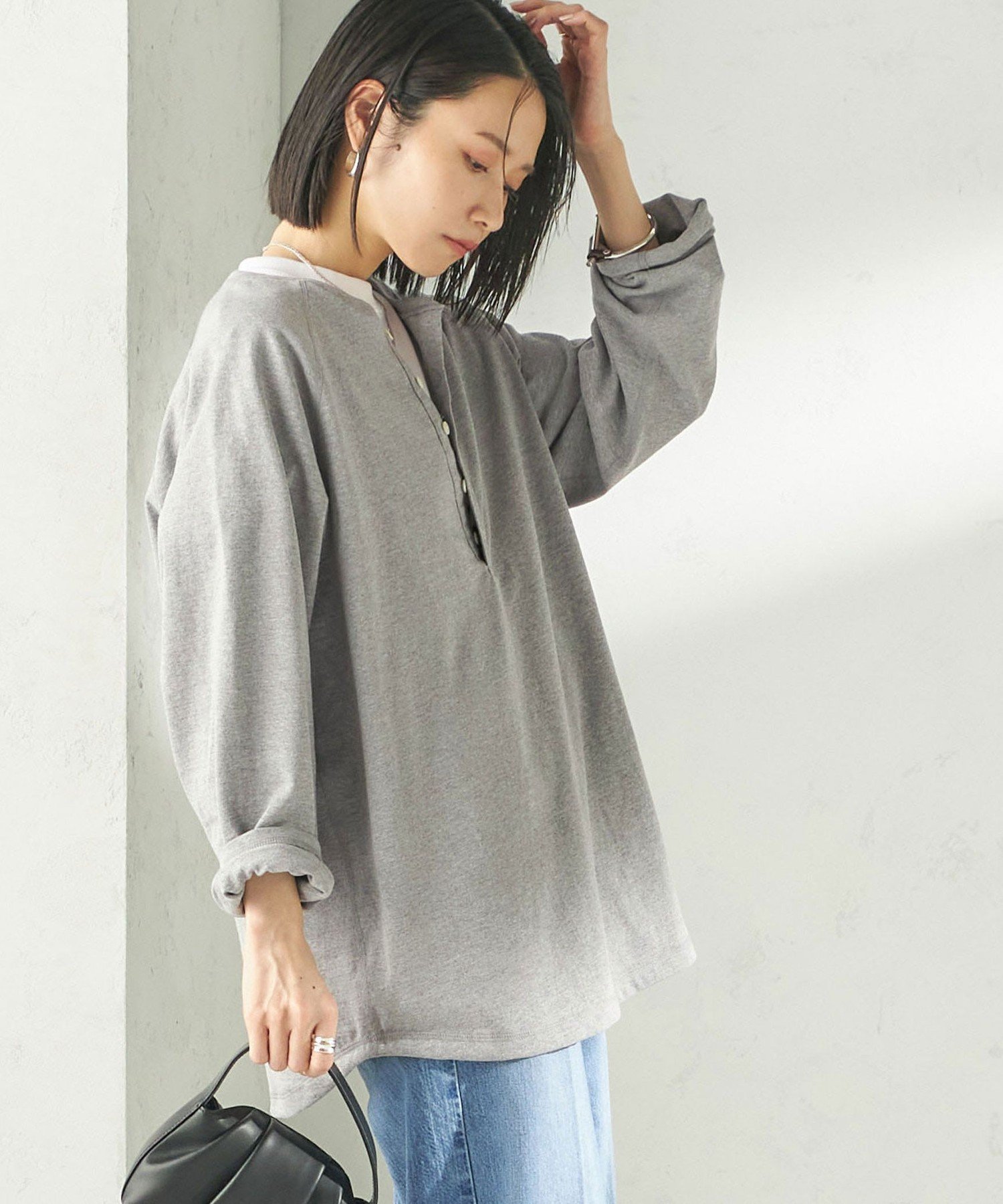 WOMEN 【SHIPS別注】onit: ヘンリー ネック プルオーバー シップス トップス カットソー・Tシャツ グレー ブラック