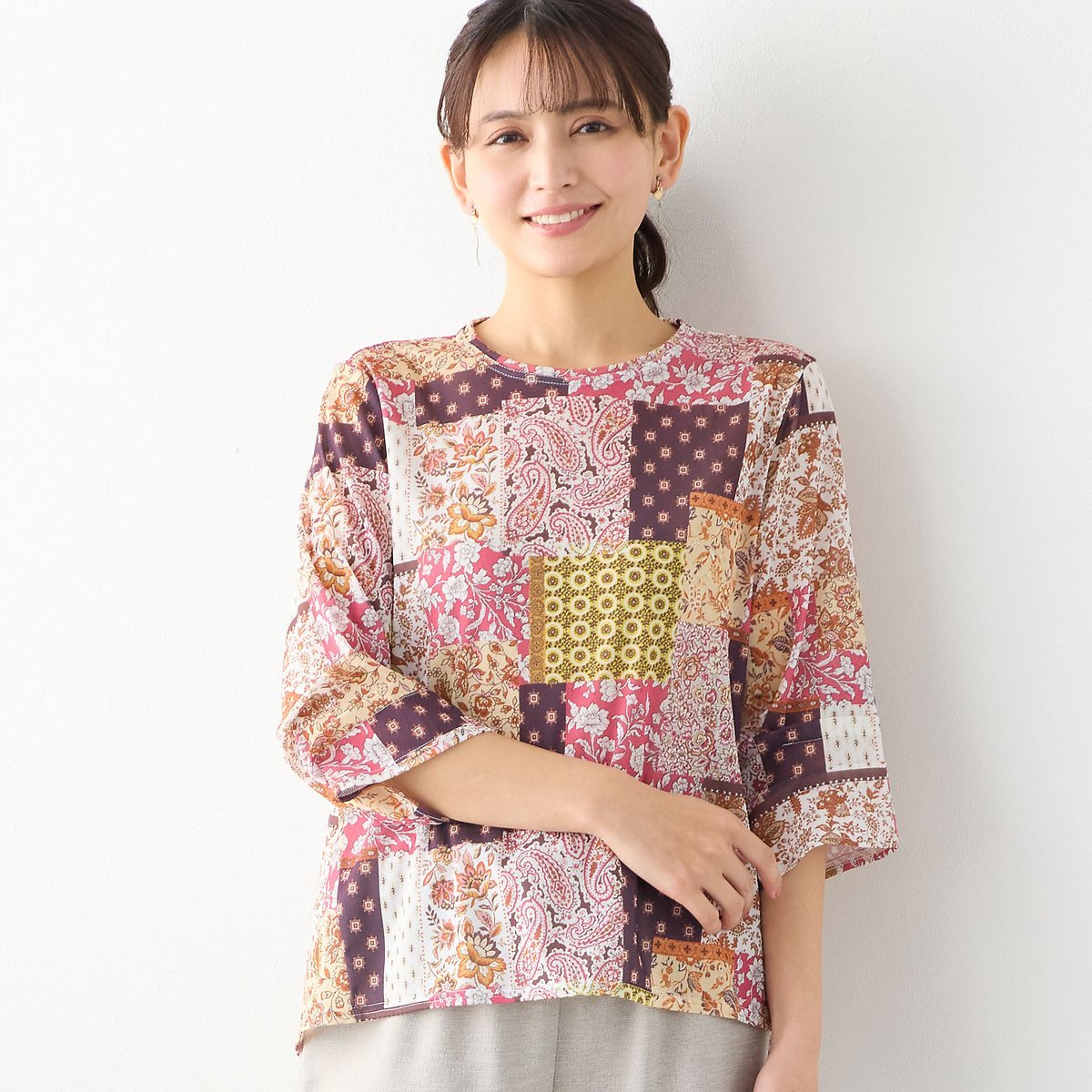 LOBJIE 【洗える・日本製】プロヴァンス柄チュールプルオーバー ロブジェ トップス カットソー・Tシャツ オレンジ ブルー