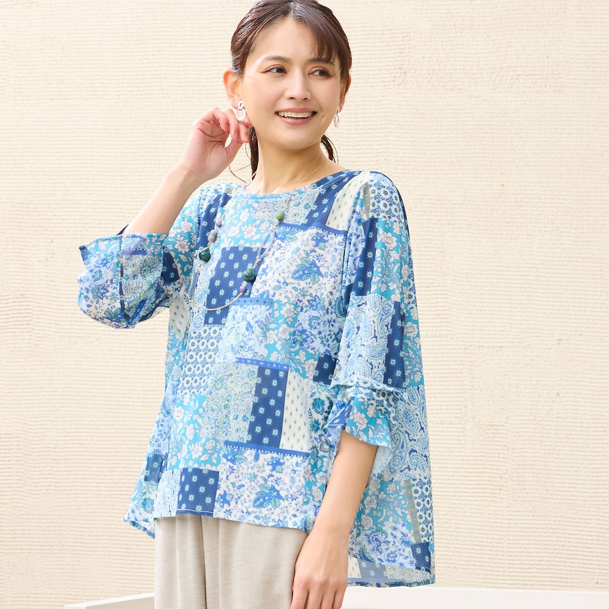 LOBJIE 【洗える・日本製】プロヴァンス柄チュールプルオーバー ロブジェ トップス カットソー・Tシャツ オレンジ ブルー