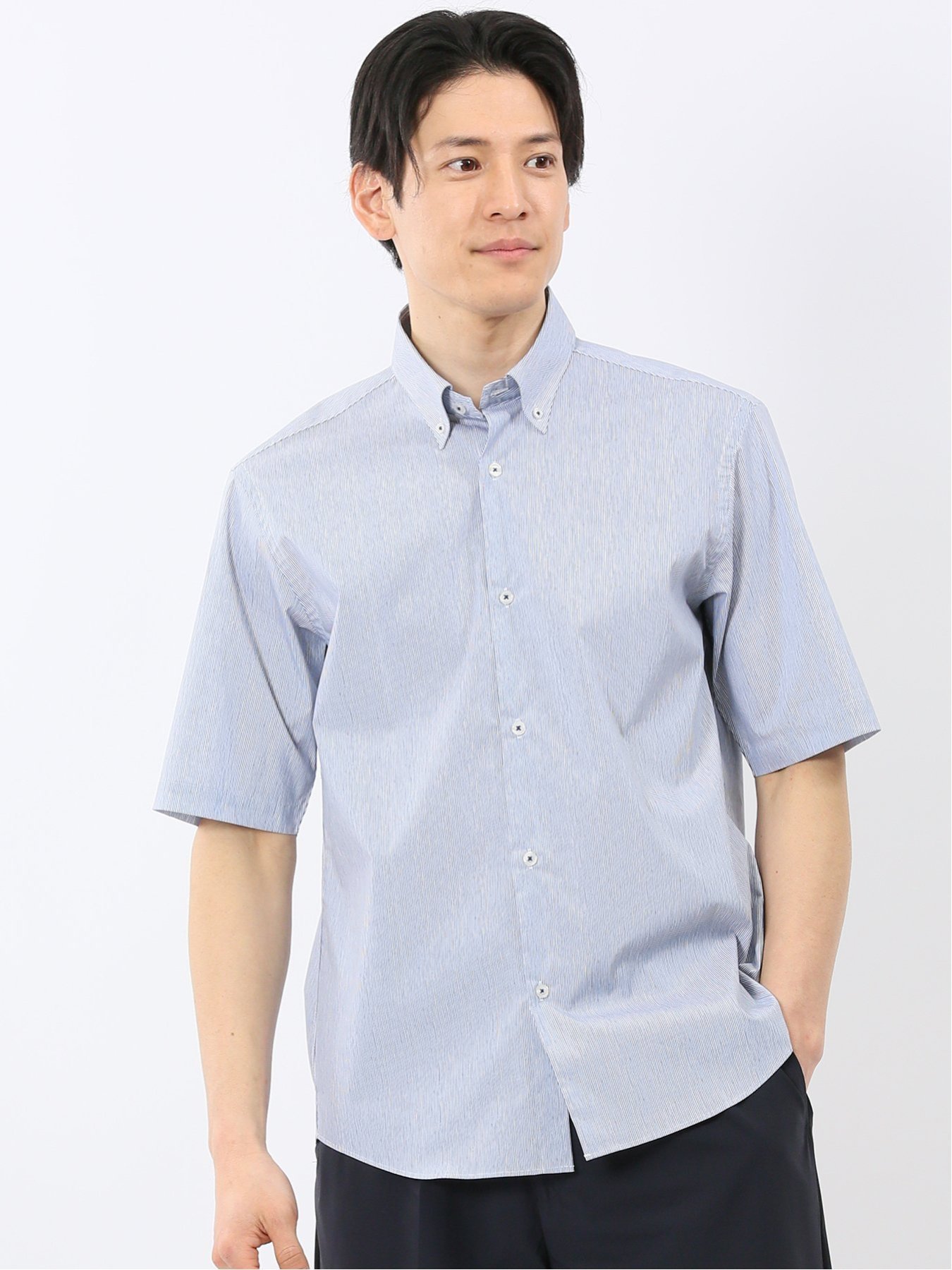 【SALE／10%OFF】TAKA-Q ストレッチ 綿混 ブロード ストライプ ボタンダウン 半袖 シャツ タカキュー トップス シャツ・ブラウス ブルー【送料無料】