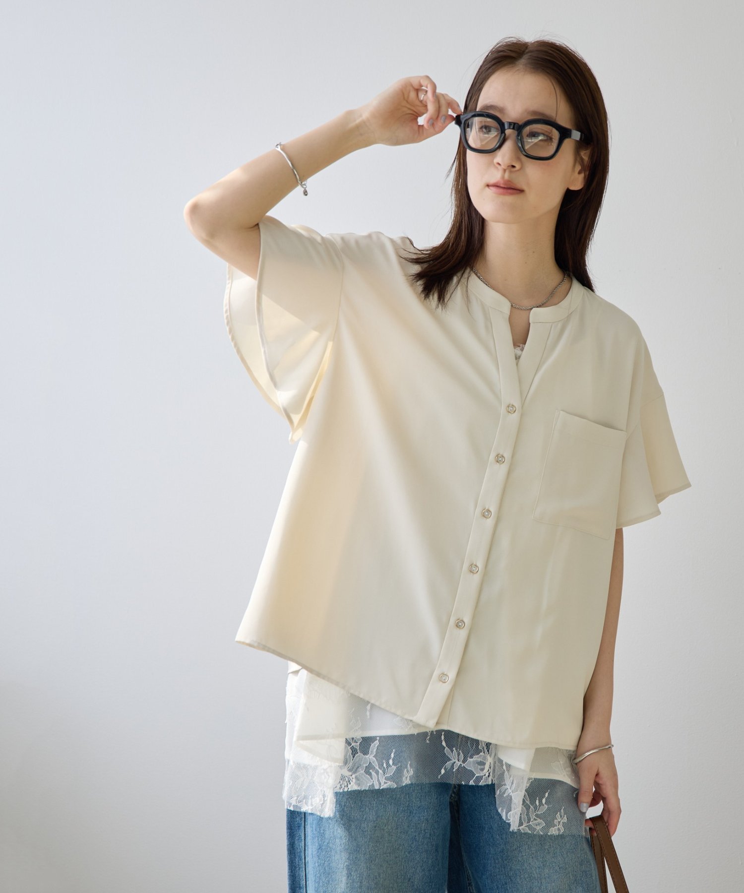 【Noka/UVカット/接触冷感】袖フレアスキッパーシャツ ディスコート トップス シャツ・ブラウス ホワイト ブラック