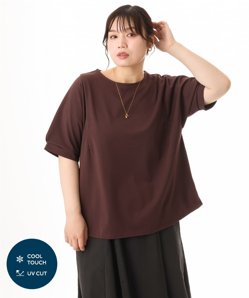 【大きいサイズ/UVカット】接触冷感パフスリーブカットソー エウルキューブ トップス カットソー・Tシャツ グレー ブラック オレンジ