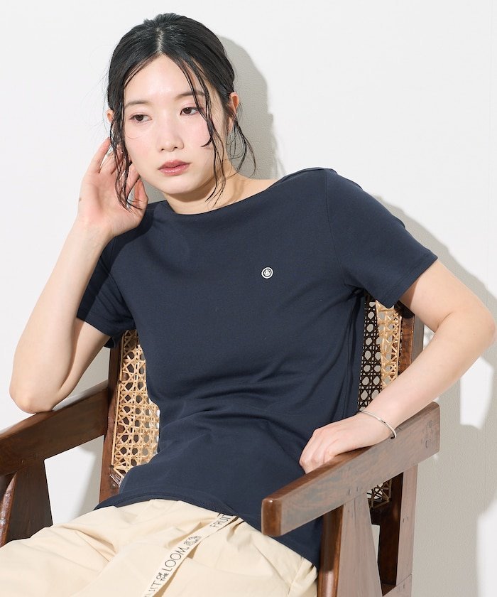 ボートネック半袖Tシャツ フリークスストア トップス カットソー・Tシャツ ホワイト ネイビー