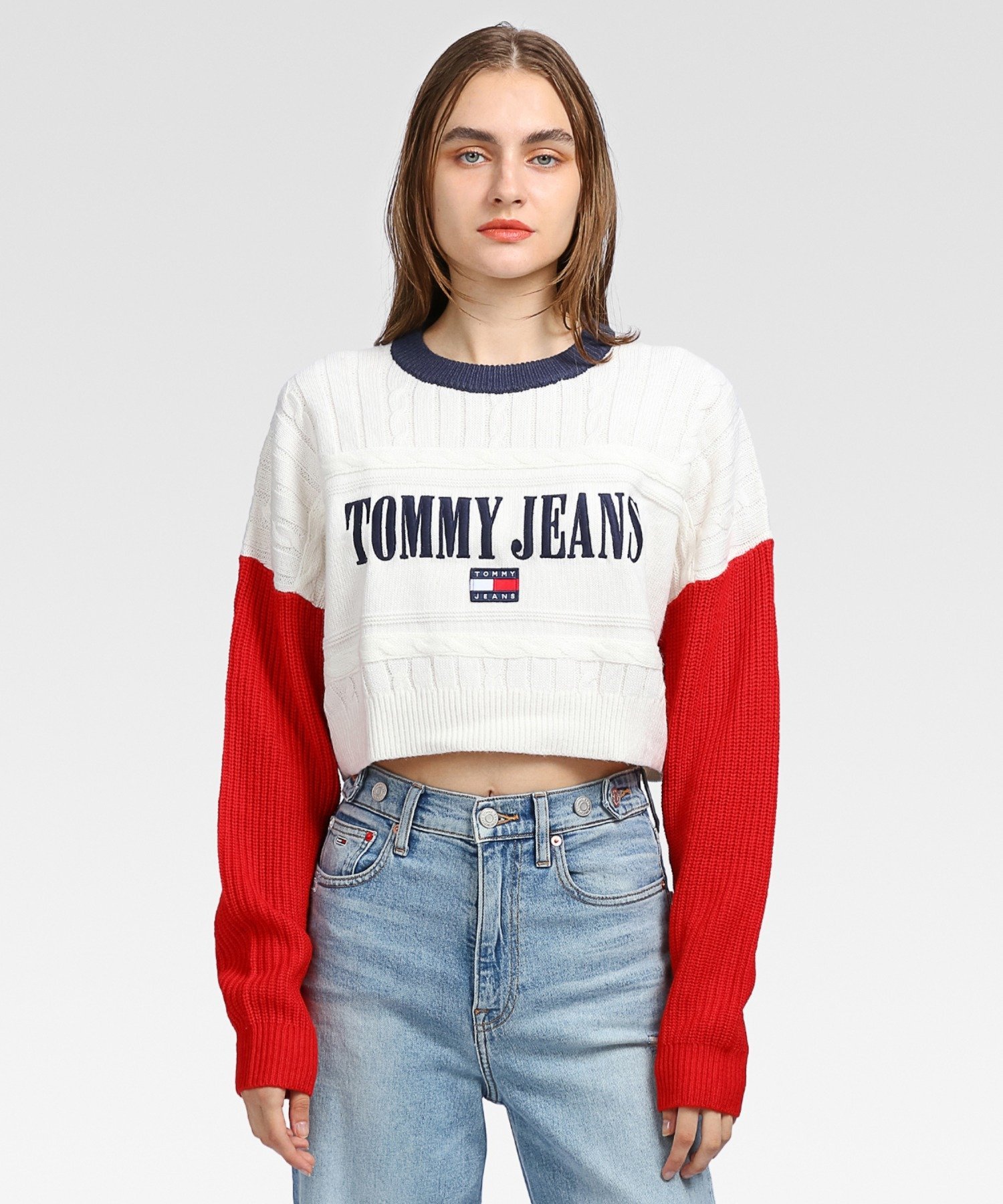 【SALE／50%OFF】TOMMY JEANS (W)TOMMY HILFIGER(トミーヒルフィガー) クロップドアーカイブセーター トミーヒルフィガー トップス ニット ホワイト【送料無料】