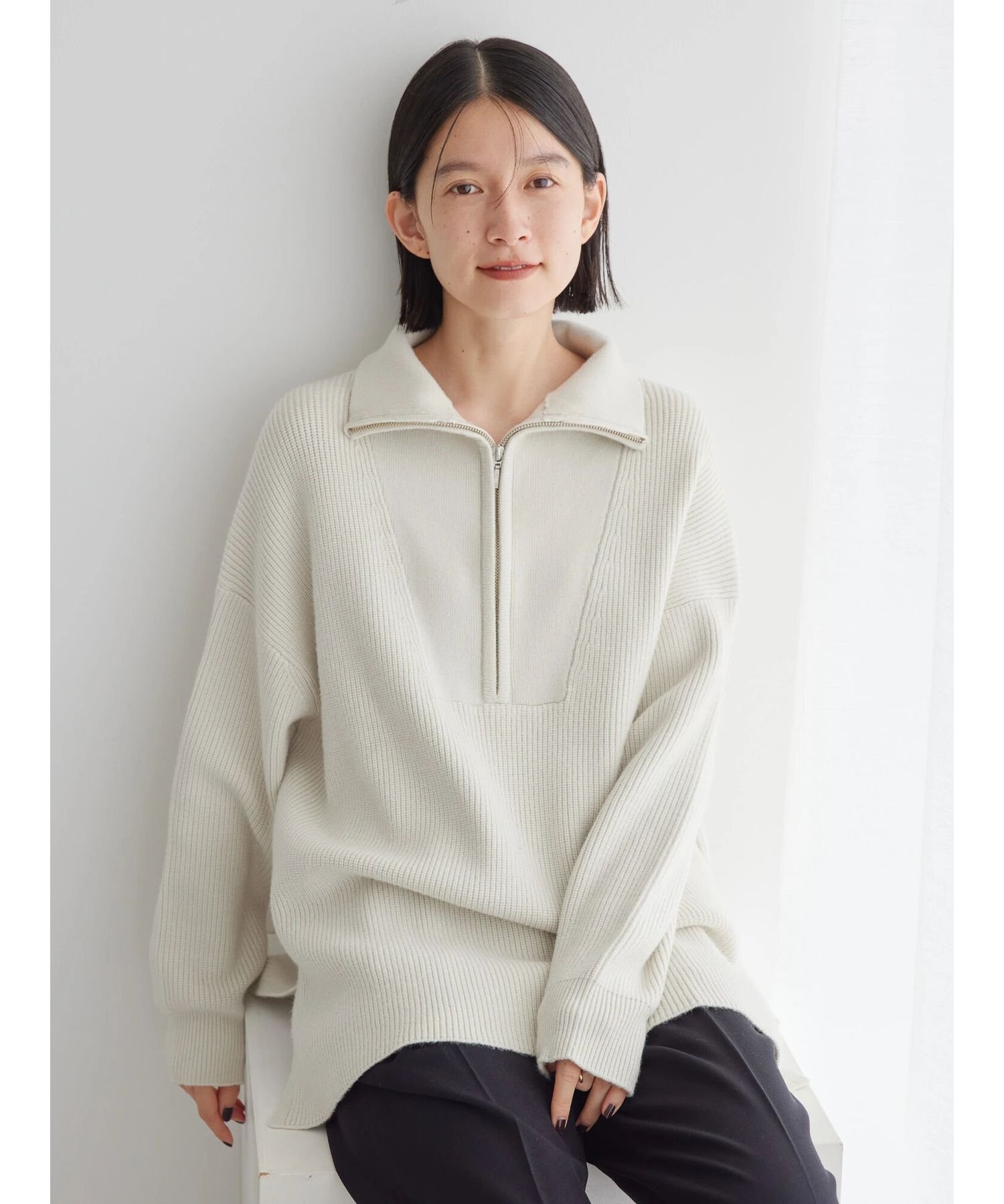 【SALE／14%OFF】AMERICAN HOLIC バイパチハーフZIP片畦ニットプルオーバー /静電気防止/マシンウォッシャブル/ゆったりシルエット/体型カバー/23AW アメリカン ホリック トップス ニット ホワイト グレー オレンジ ブラウンのサムネイル