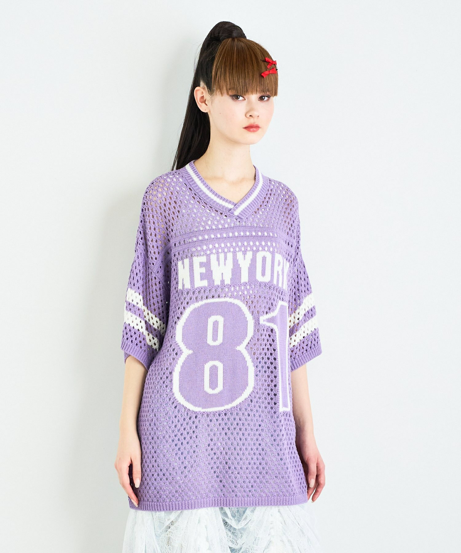 ANNA SUI NYC ナンバリングジャガードメッシュニットプルオーバー アナ スイ トップス カットソー・Tシャツ パープル ブラック ホワイト【送料無料】