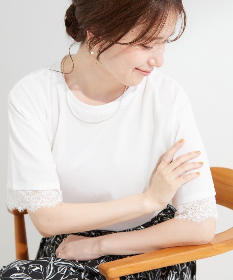 SHOO・LA・RUE 【ひんやり/UV/S-LL】柄アソート お袖レースが旬顔 上品に決まる大人Tシャツ シューラルー トップス カットソー・Tシャツ ホワイト グレー ブラック ピンク