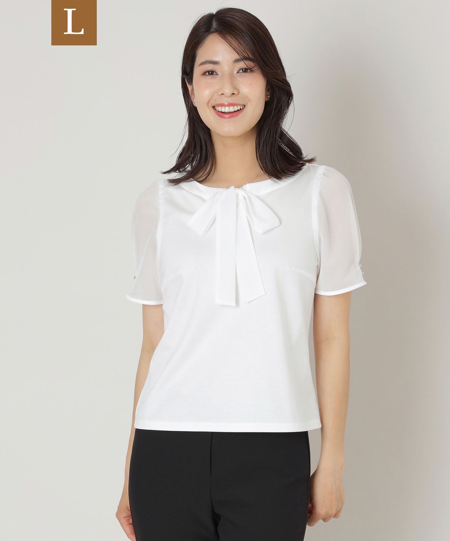 【SALE／44%OFF】TO BE CHIC 【L】リボンネック スリーブコンビカットソー サンヨー エルサイズ トップス カットソー・Tシャツ ブラック ホワイト ピンク【送料無料】