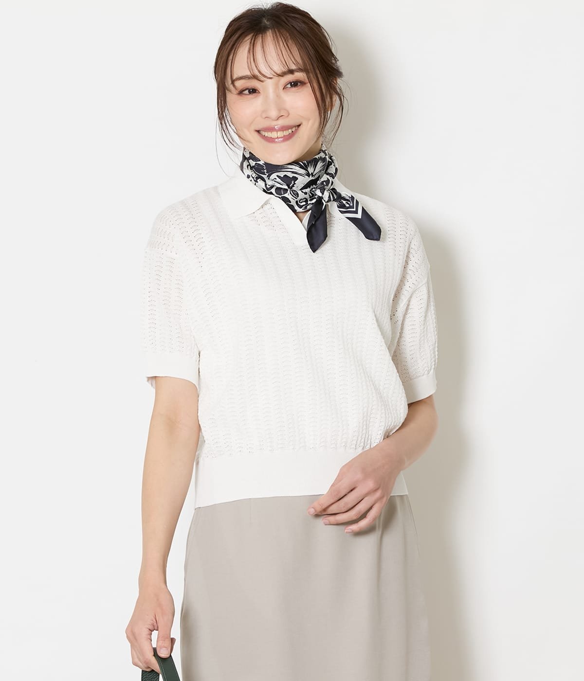 【SALE／20%OFF】NEWYORKER WOMEN 強撚コットン 透かし編み柄ニットポロ ニューヨーカー トップス ニット ホワイト【送料無料】