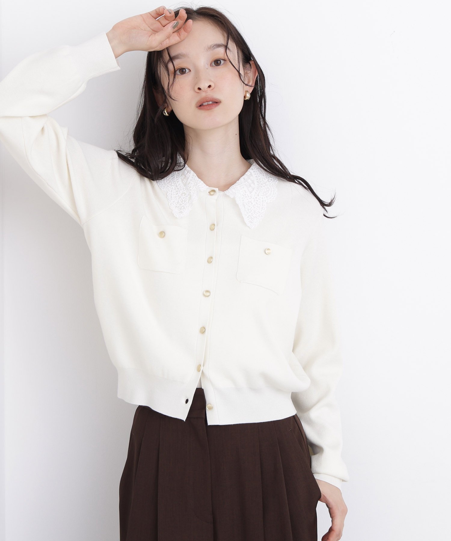 NATURAL BEAUTY BASIC ＜N.＞レースカラーニットカーデ ナチュラルビューティベーシック トップス ニット ネイビー ホワイト ワインレッド グレー