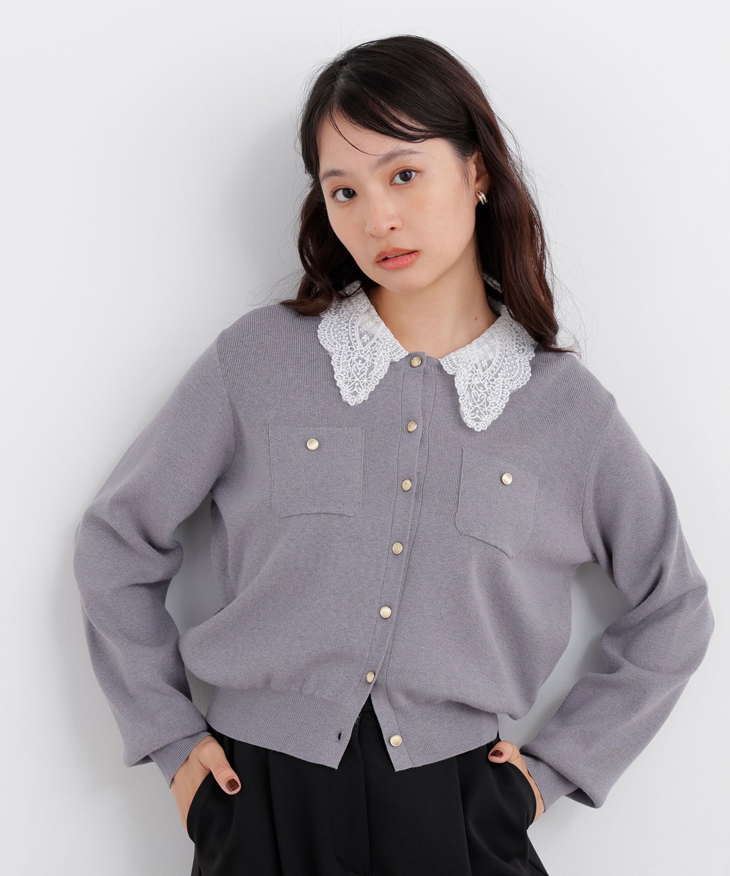 NATURAL BEAUTY BASIC ＜N.＞レースカラーニットカーデ ナチュラルビューティベーシック トップス ニット ネイビー ホワイト ワインレッド グレー