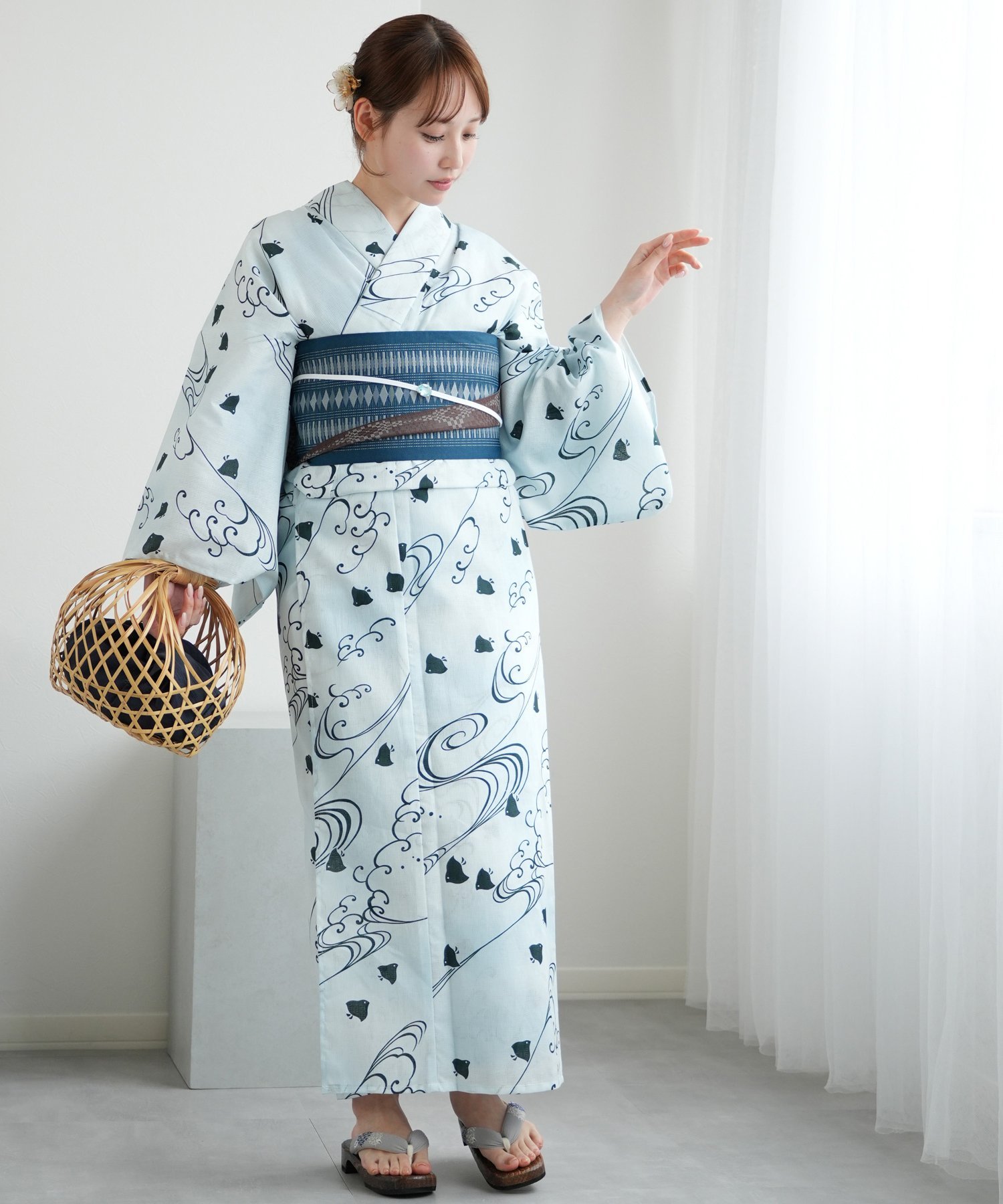 【SALE／50%OFF】utatane utatane 浴衣3点セット 淡い水色ぼかしに碧色の千鳥 Sサイズ ウタタネ 着物・浴衣・和装小物 浴衣 ブルー【送料無料】