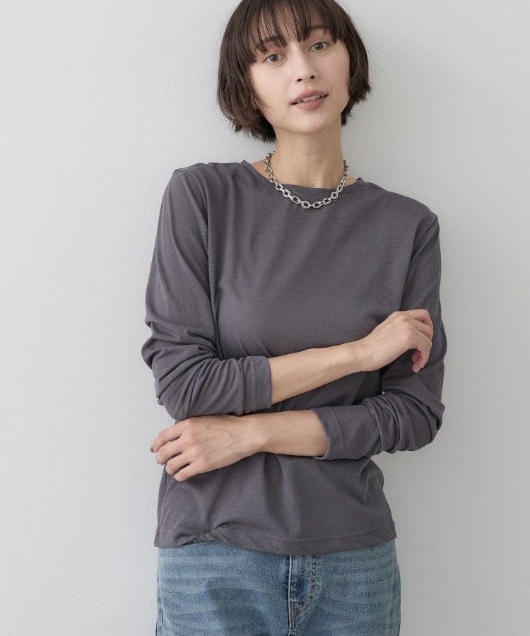 クルーネックシアーロングTシャツ デッサン トップス カットソー・Tシャツ ブラウン ブラック ホワイト
