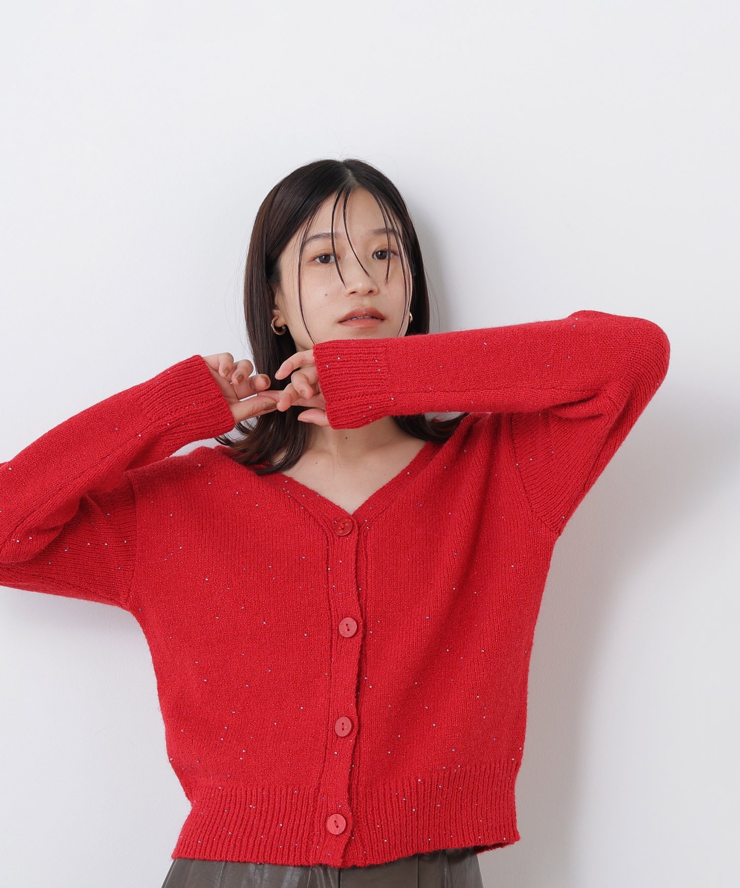 NATURAL BEAUTY BASIC ＜N.＞カラービーズミックスカーディガン ナチュラルビューティベーシック トップス ニット レッド ホワイト ブラウン