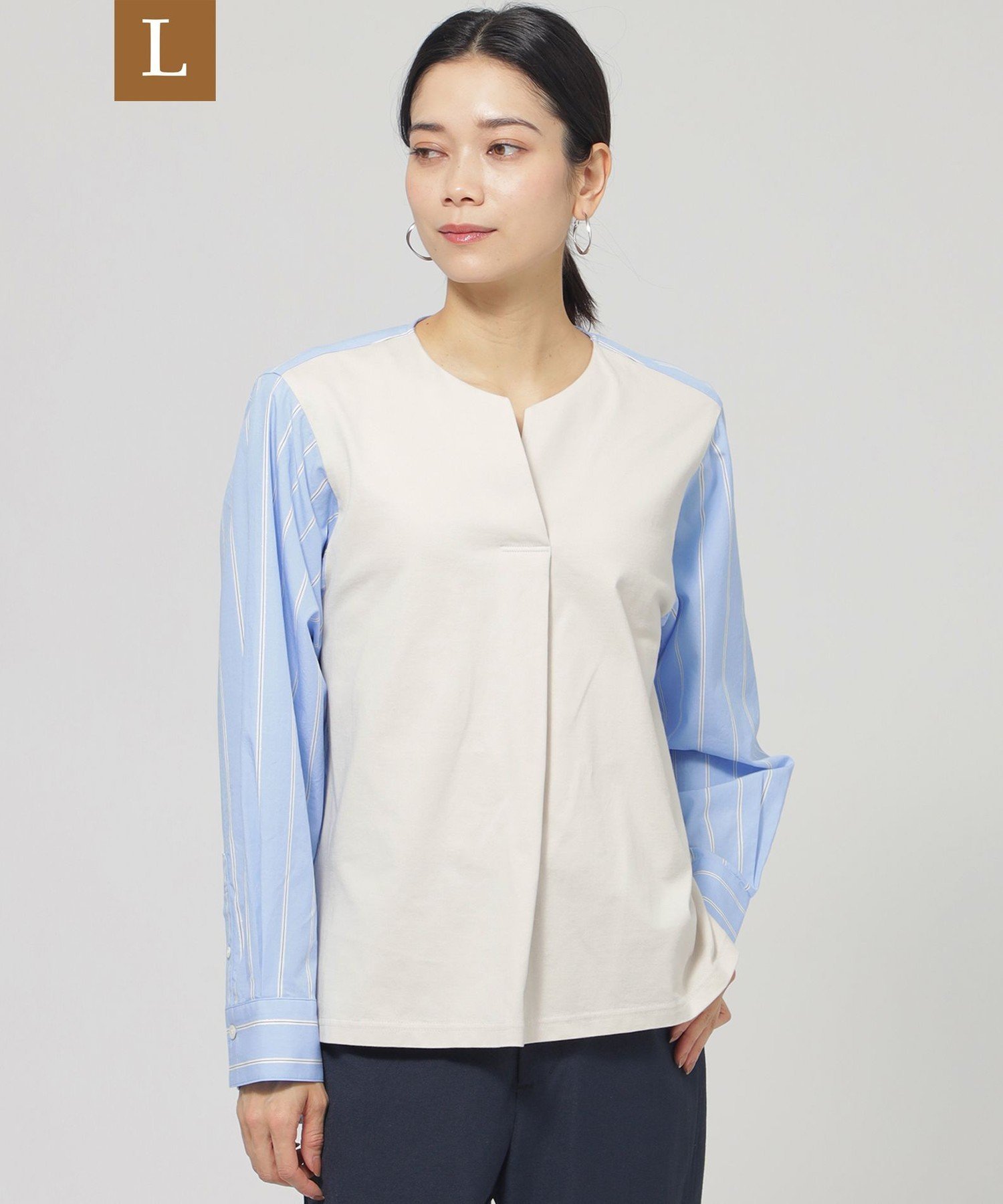 【L】【ウォッシャブル】ラメストライプジャージ-コンビプルオーバー サンヨー エルサイズ トップス カットソー・Tシャツ ブルー ネイビー