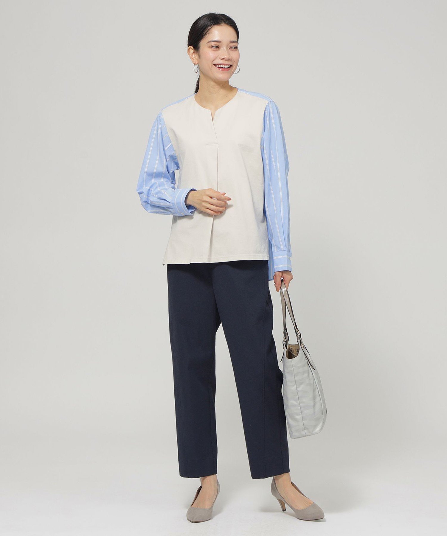 【L】【ウォッシャブル】ラメストライプジャージ-コンビプルオーバー サンヨー エルサイズ トップス カットソー・Tシャツ ブルー ネイビー
