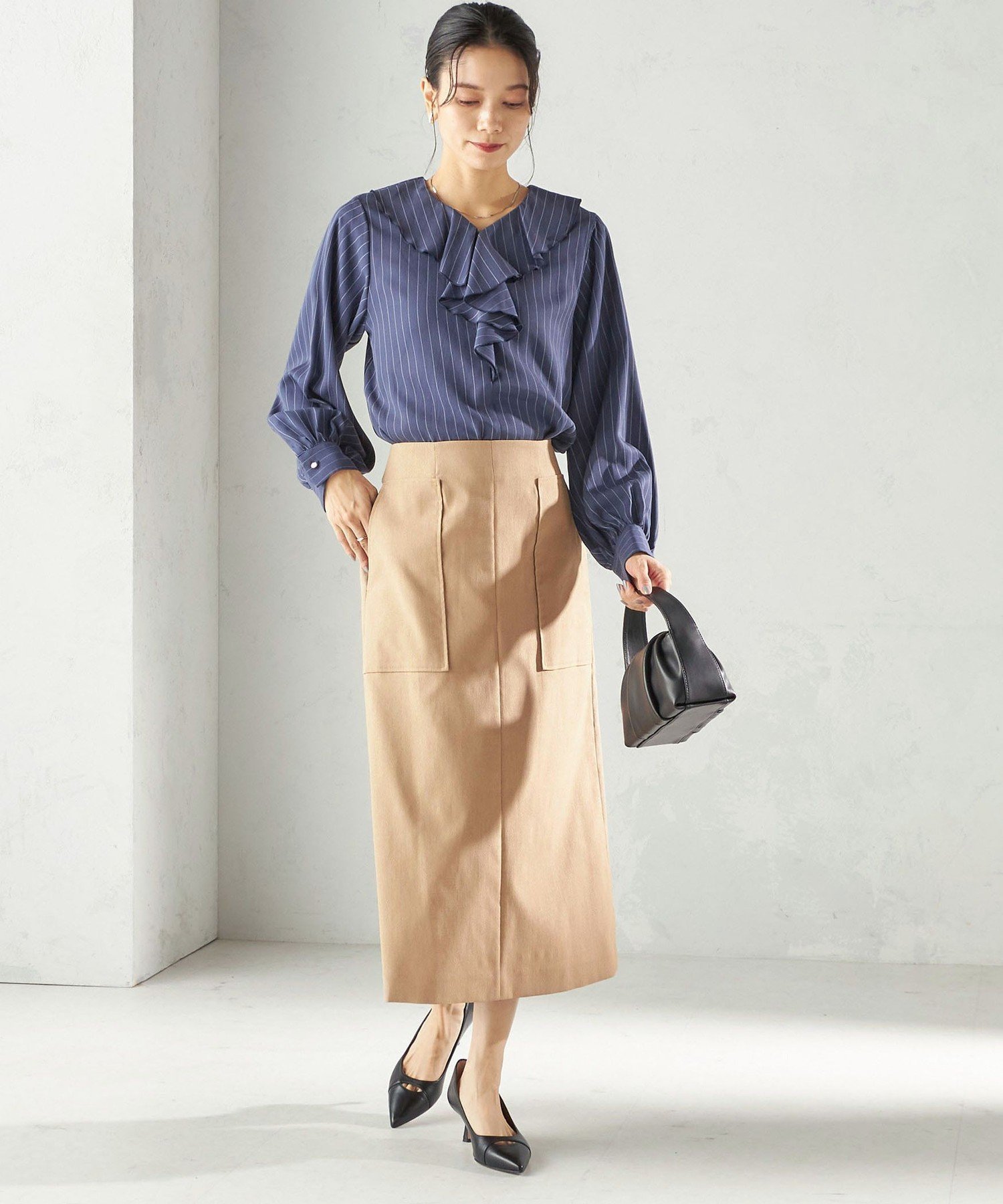 SHIPS WOMEN ＜手洗い可能＞フィブリル ストライプ フリル カラー ブラウス シップス トップス シャツ・ブラウス ネイビー【送料無料】