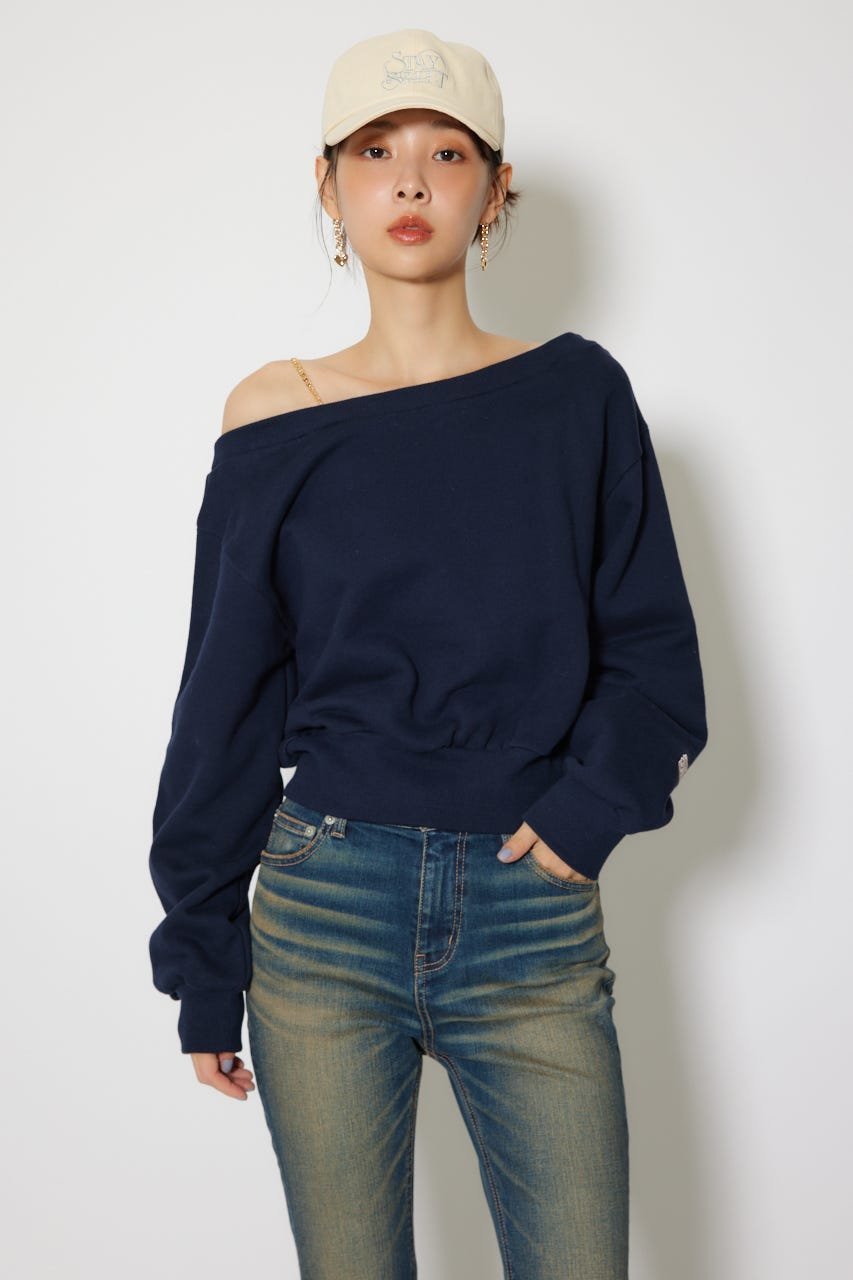 rienda ワンショルダーボリュームスウェットトップス リエンダ トップス カットソー・Tシャツ ネイビー ホワイト イエロー