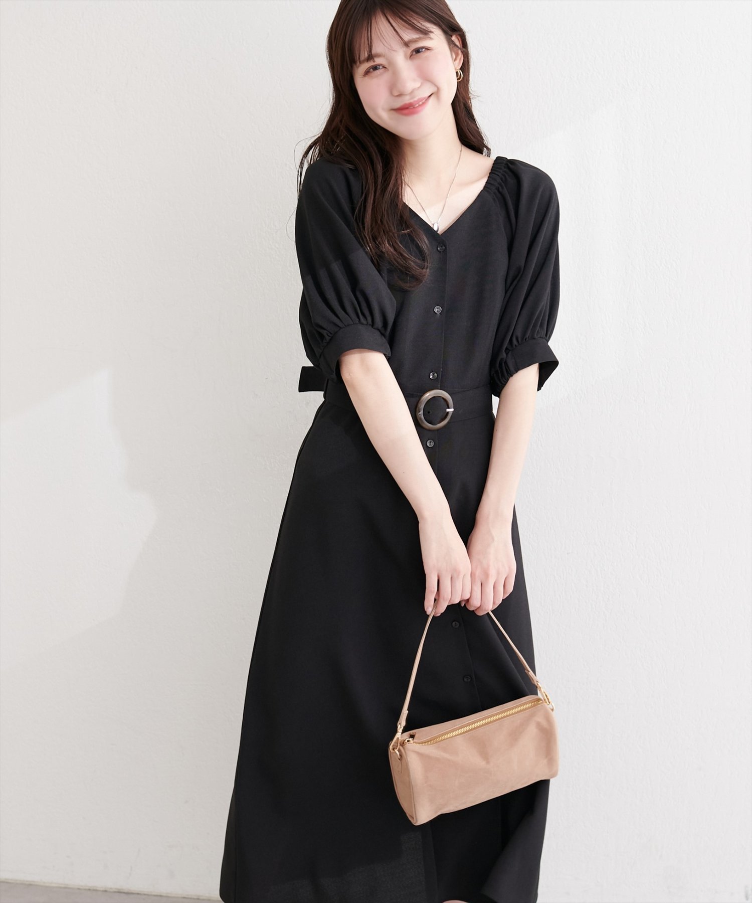 【SALE／10%OFF】natural couture フロントボタンベルト付きワンピース ナチュラルクチュール ワンピース・ドレス その他のワンピース・ドレス ピンク ブラック ブルー ベージュ【送料無料】