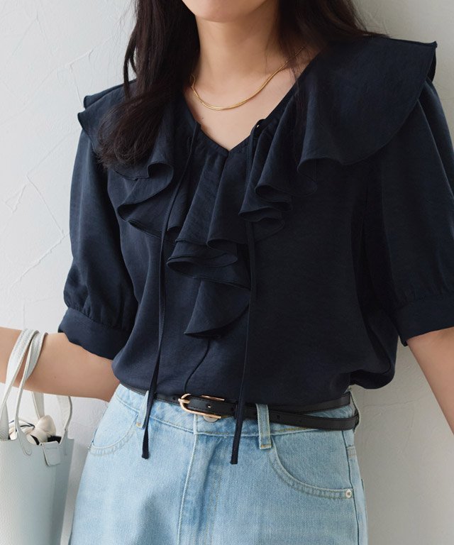 Pierrot ラッフルパフブラウス ピエロ トップス カットソー・Tシャツ ホワイト ネイビー