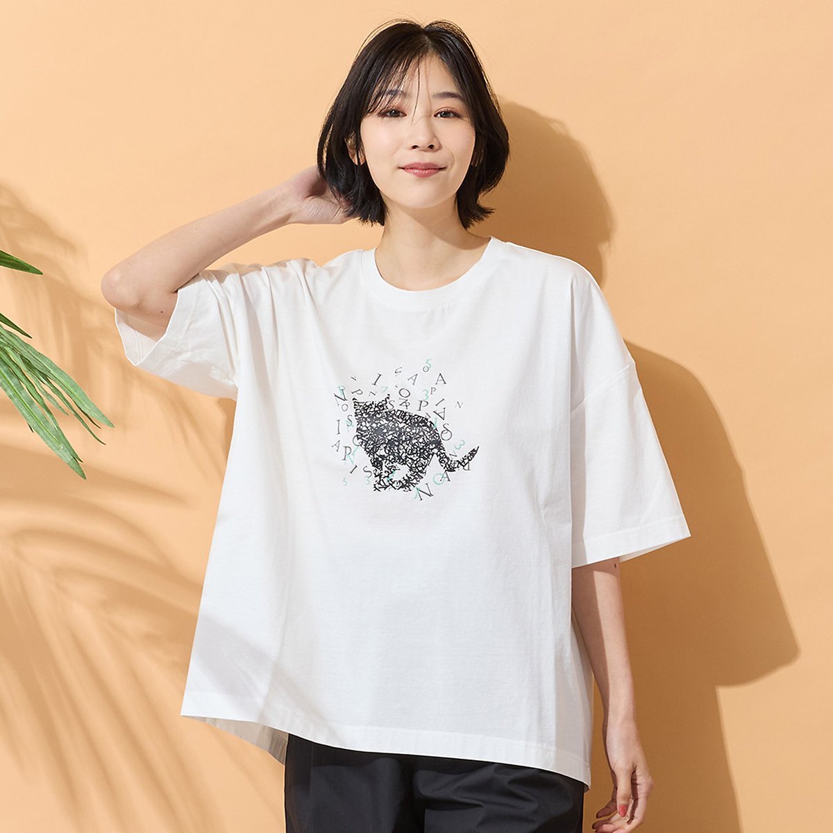 PISANO 【手洗いOK・綿100%】ブラックキャットプリントカットソー ピサーノ トップス カットソー・Tシャツ ホワイト グリーン ピンク