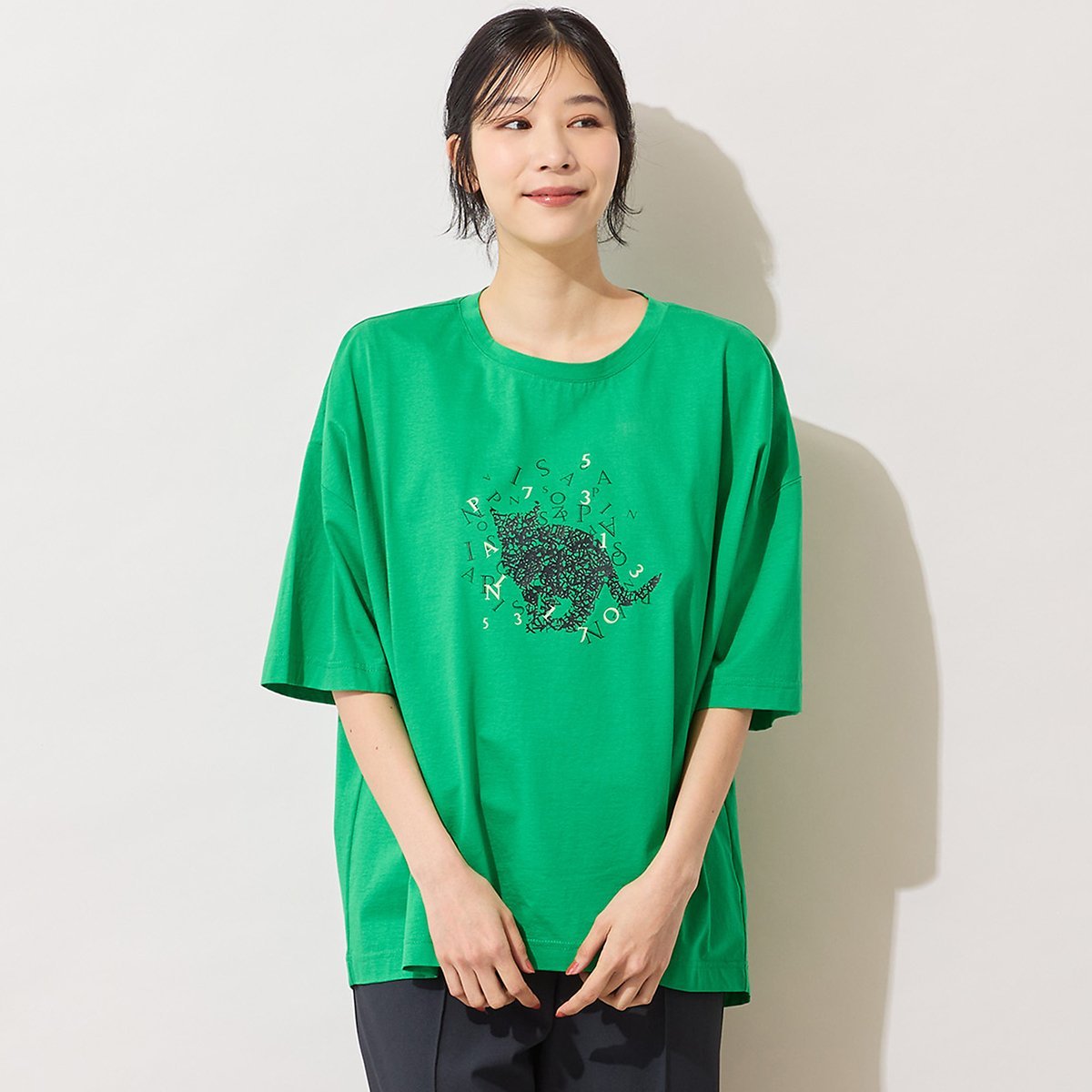 PISANO 【手洗いOK・綿100%】ブラックキャットプリントカットソー ピサーノ トップス カットソー・Tシャツ ホワイト グリーン ピンク