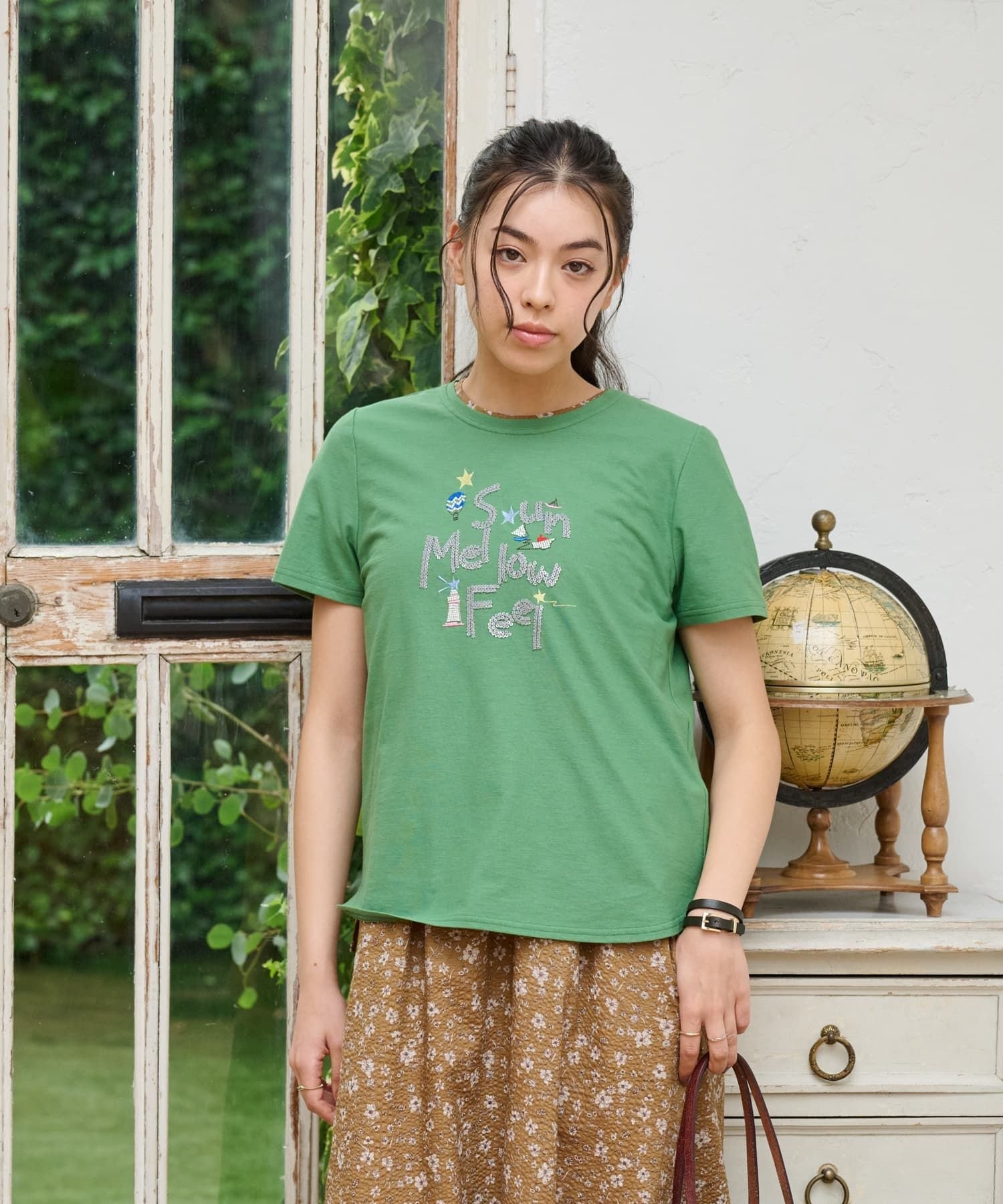 CARA O CRUZ 【接触冷感】刺繍クルーネックTシャツ キャラ・オ・クルス トップス カットソー・Tシャツ ブルー レッド カーキグリーン