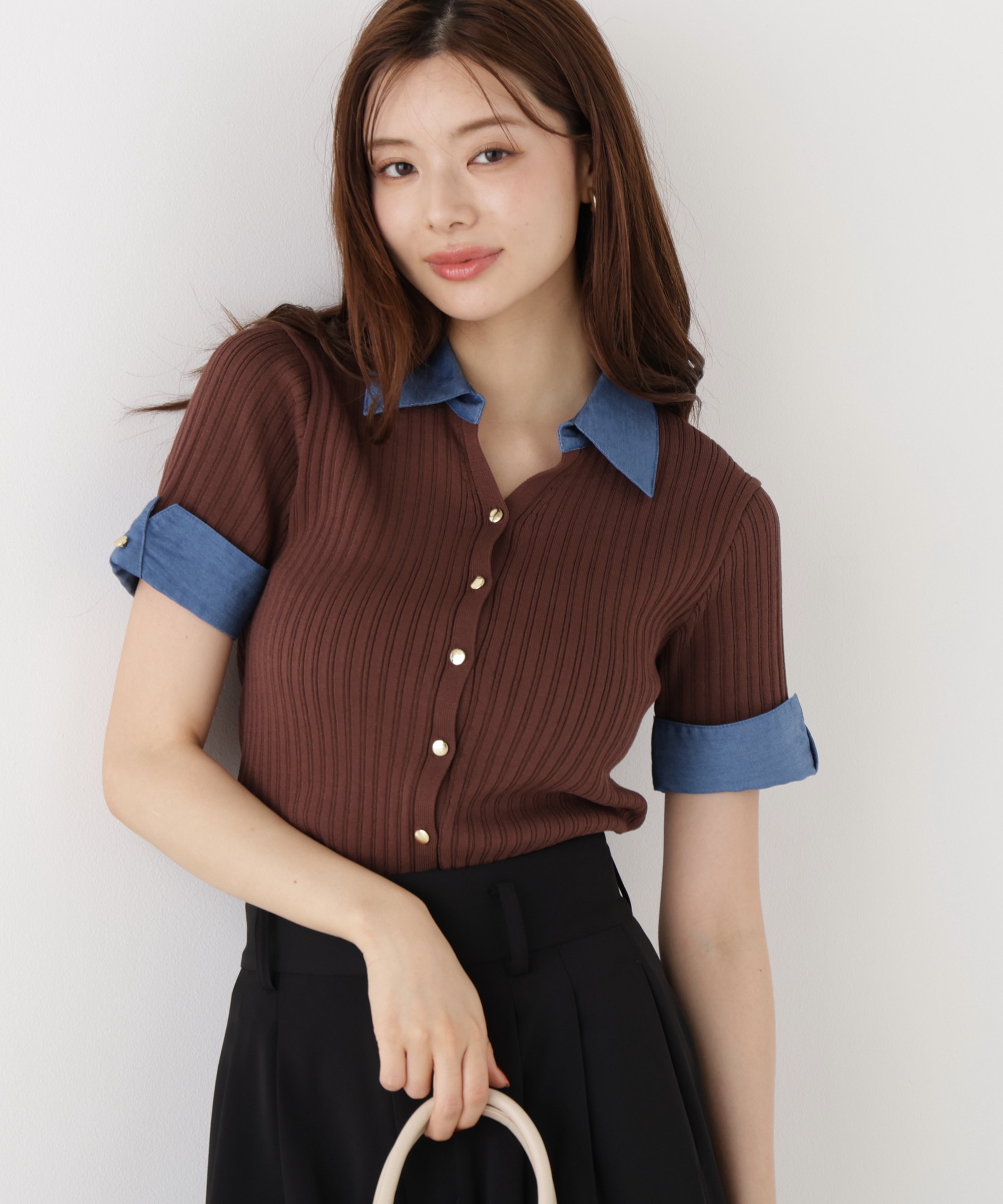 PROPORTION BODY DRESSING ＜a/mie＞デニムカラーリブニット プロポーションボディドレッシング トップス カーディガン ブラウン グリーン ピンク【送料無料】