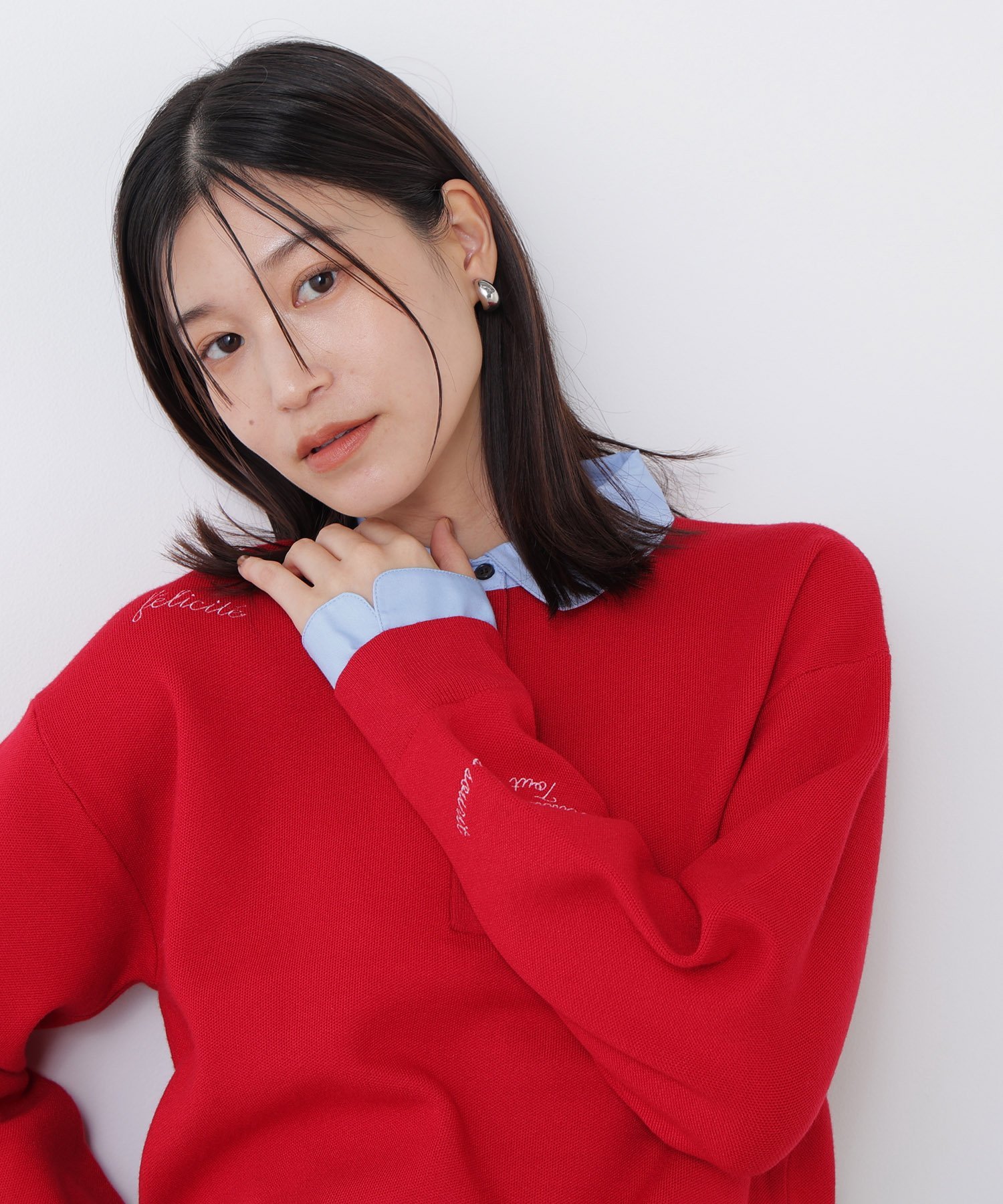 NATURAL BEAUTY BASIC ＜N.＞シャツカラーロゴ刺繍ニット ナチュラルビューティベーシック トップス ニット グレー ネイビー レッド