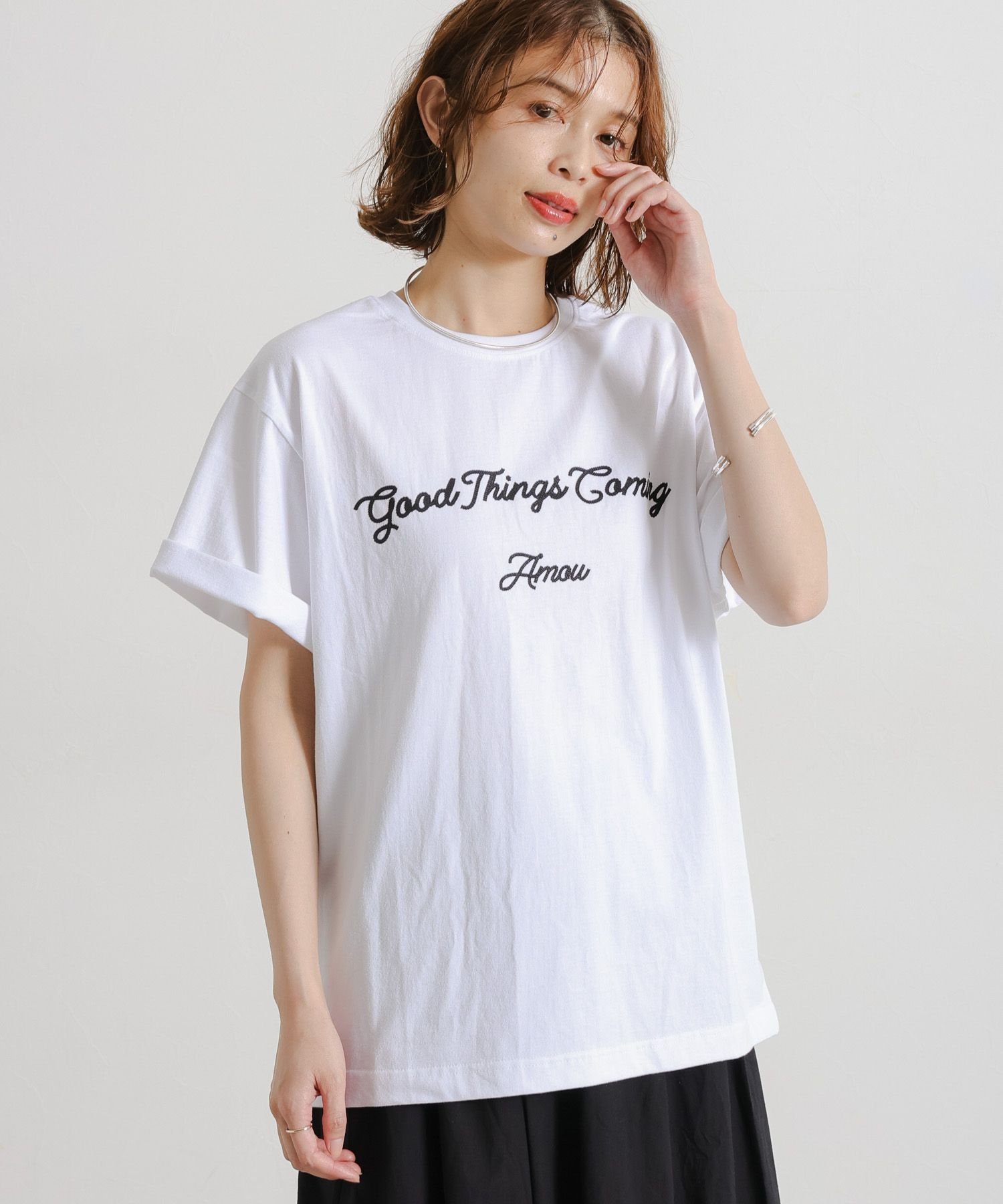 【daily CLIP】AMOU ショートスリーブT スタディオクリップ トップス カットソー・Tシャツ ホワイト ブラック