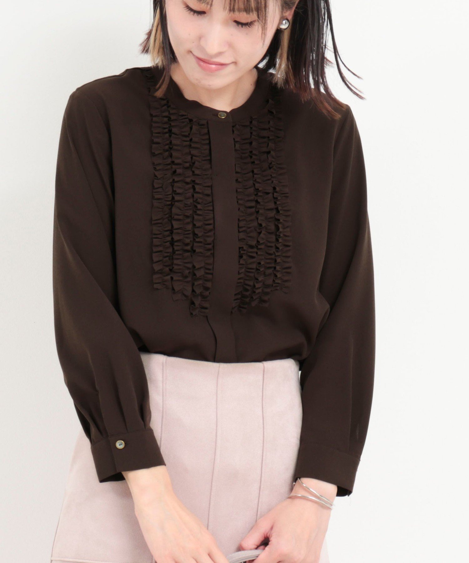 【SALE／30%OFF】MICO COULIER ジョーゼットフリルブラウス ノーリーズ トップス シャツ・ブラウス ブラウン ベージュ ピンク【送料無料】のサムネイル