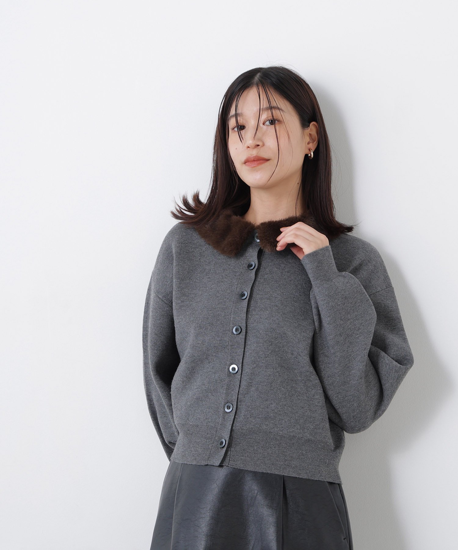 NATURAL BEAUTY BASIC ＜N.＞ファーカラーカーディガン ナチュラルビューティベーシック トップス ニット イエロー グレー ホワイト【送料無料】