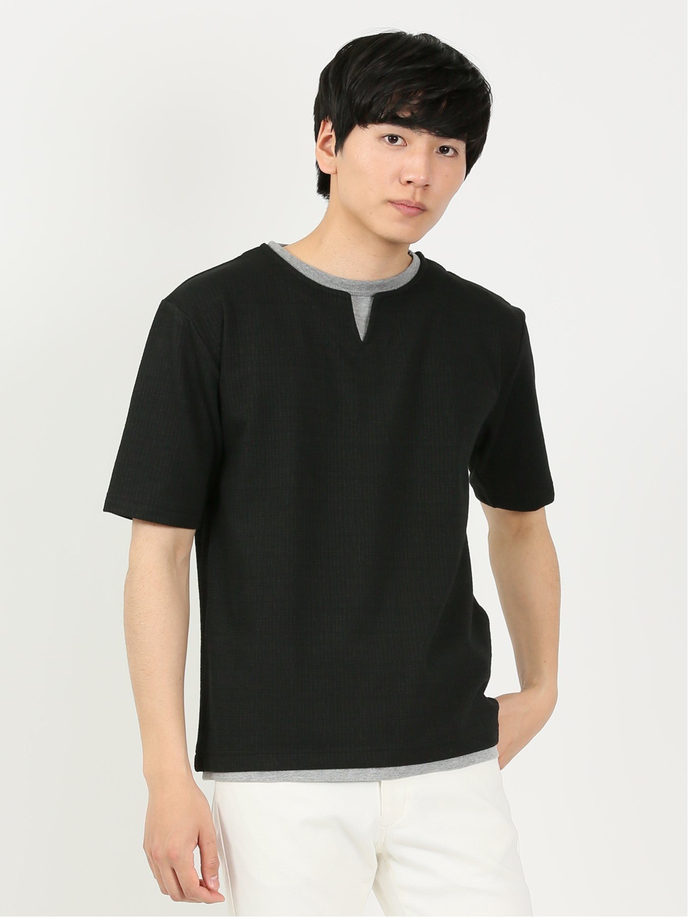 楽天Rakuten Fashionm.f.editorial 幾何学ジャガード キーネック半袖Tシャツ タカキュー トップス カットソー・Tシャツ ブラック ネイビー【送料無料】