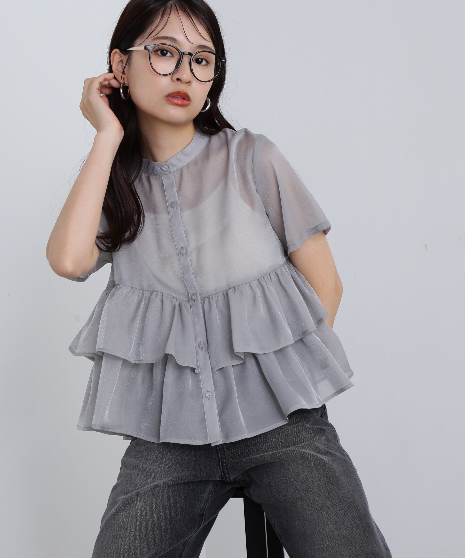 N. Natural Beauty Basic シアーペプラムバンドカラーブラウス エヌ ナチュラルビューティーベーシック* トップス シャツ・ブラウス グレー イエロー ホワイト