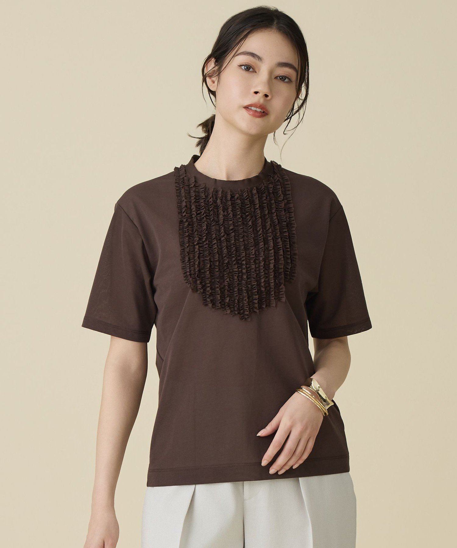 自由区 S シアーフリルジャージー カットソー ジユウク トップス カットソー・Tシャツ ホワイト