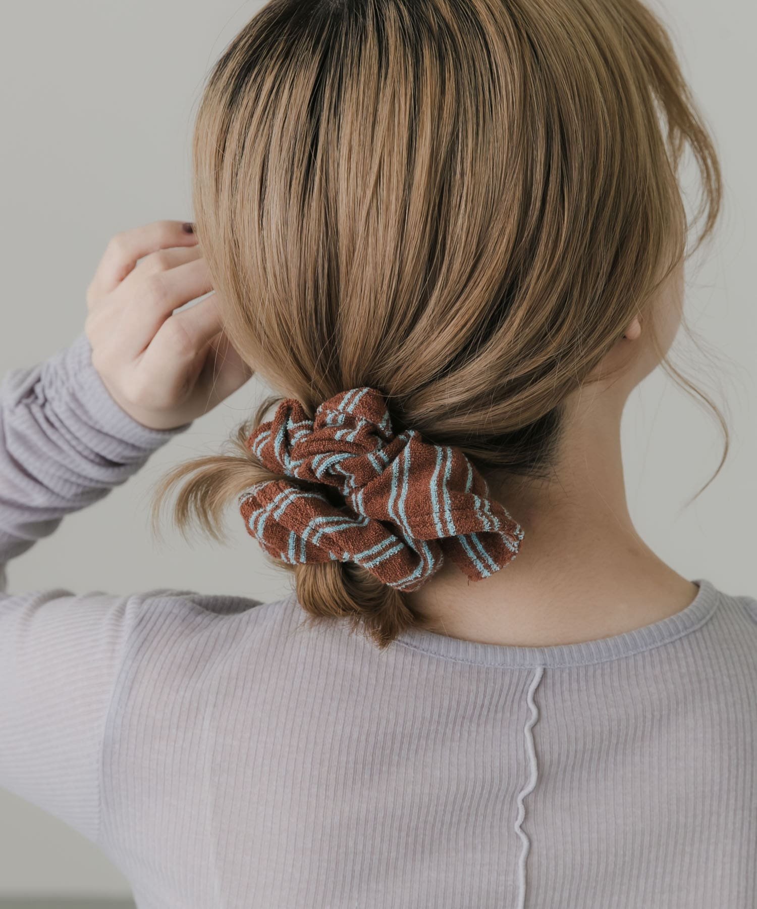 SMELLY パイルストライプシュシュ スメリー ヘアアクセサリー ヘアゴム ピンク ブラウン